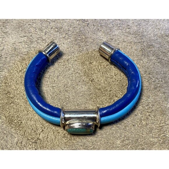 Two-Tone Blue Leather Wrap Bracelet Silverplated Fittings & Turquoise Cabochon S - Picture 8 of 10